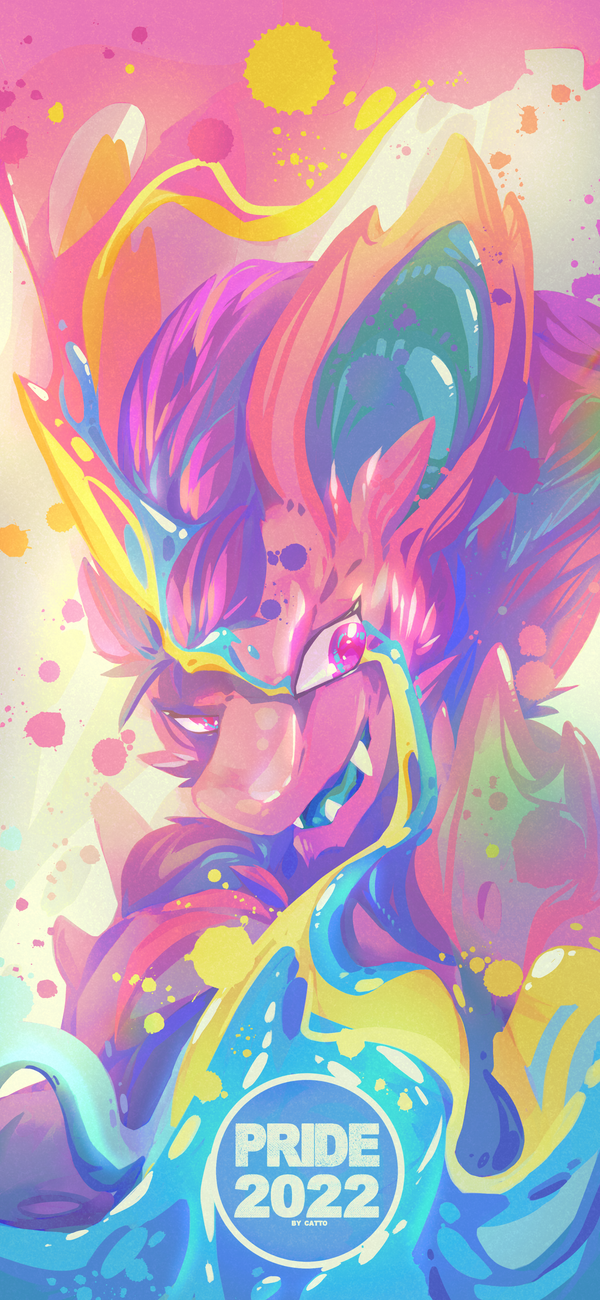 Painterly artwork of Rhubarb with pansexual pride colors. A badge says Pride 2022.