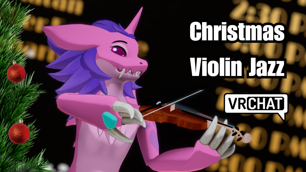 YouTube thumbnail of Rhubarb's avatar with a violin. The caption reads "Christmas Violin Jazz VRChat"